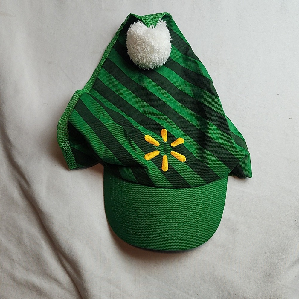Walmart Christmas Elf Trucker Cap Green Striped White Pom Pom